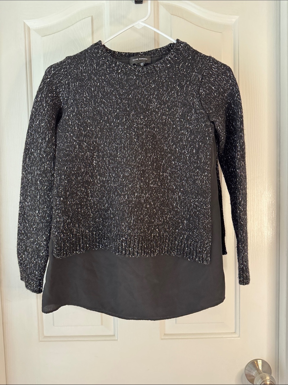 Club Monaco Black & White Marled Crewneck Sweater with Layered Hem